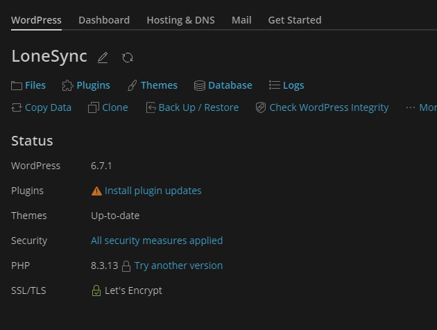 LONE Web Hosting Dashboard WP Management